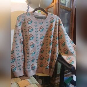 Floral Patterned Sweater - Cream and Green M